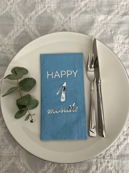 Gümüş Yaldızlı Mavi Happy 1 Yaş Months Garson Katlama Peçete 16 Adet ürün görseli