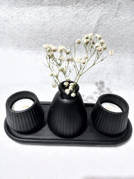 PAMPAS VAZOLU TABAKLI İKİLİ TEALİGHT MUMLUK SET SİYAH ürün görseli 1