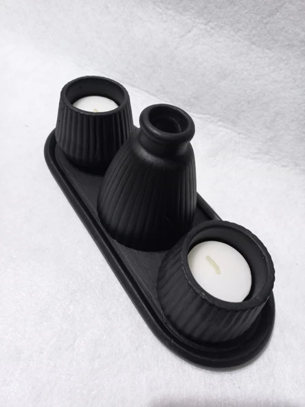 PAMPAS VAZOLU TABAKLI İKİLİ TEALİGHT MUMLUK SET SİYAH - Resim 4