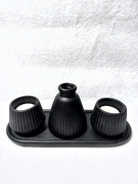 PAMPAS VAZOLU TABAKLI İKİLİ TEALİGHT MUMLUK SET SİYAH - Resim 3