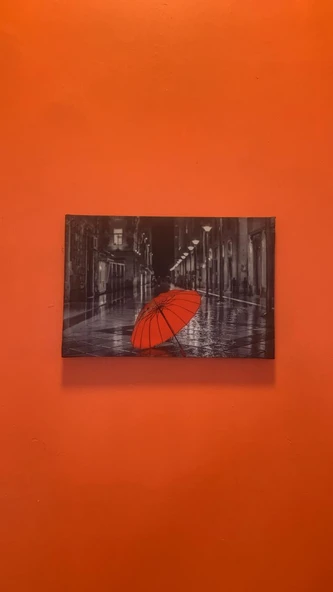 Kaldırımda Kırmızı Şemsiye Natürel Tasarım Ahşap Çerçeve Ev İşyeri Ofis Duvar Kanvas Tablo SBK6 - Resim 3