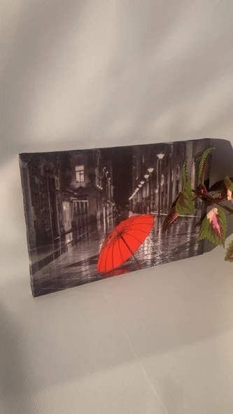 Kaldırımda Kırmızı Şemsiye Natürel Tasarım Ahşap Çerçeve Ev İşyeri Ofis Duvar Kanvas Tablo SBK6 - Resim 4