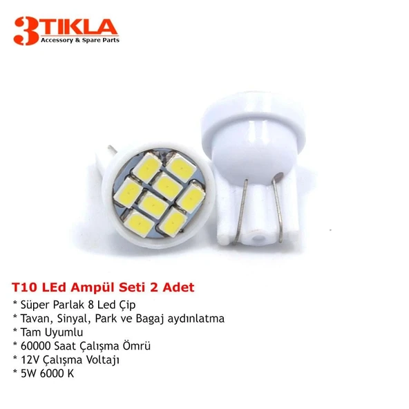 T10 Dipsiz Park, Sinyal, Tavan Ampülü SMD Süper Parlak Beyaz İki Adet ürün görseli