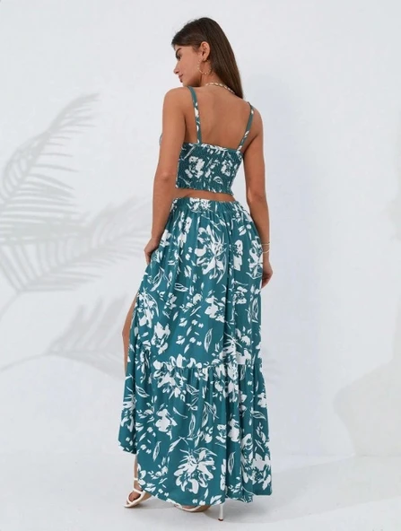 Kadın Ince Askılı çiçek Baskı Desenli Crop Yırtmaçlı Etek Ikili Süprem Takım - Resim 6