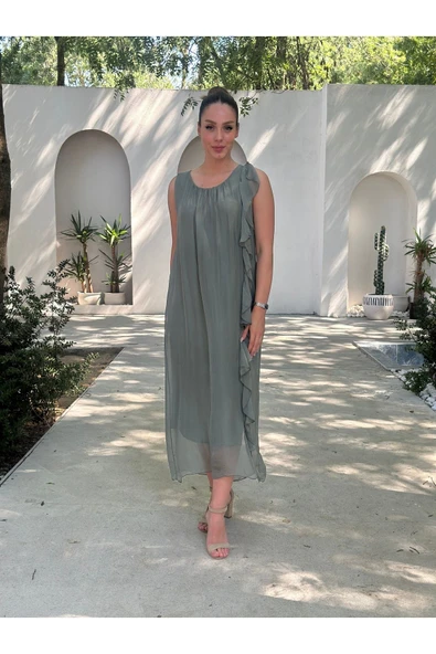 YAZLIK İPEK KUMAŞ SIFIR KOL ELBİSE - 9