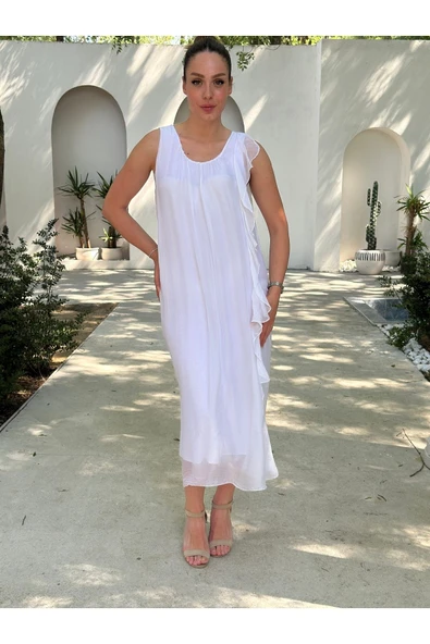 YAZLIK İPEK KUMAŞ SIFIR KOL ELBİSE - 4