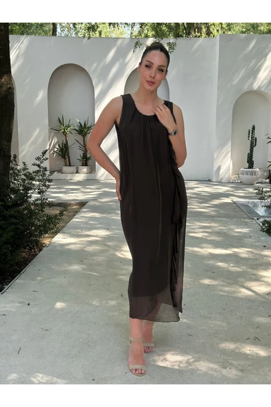 YAZLIK İPEK KUMAŞ SIFIR KOL ELBİSE - 5