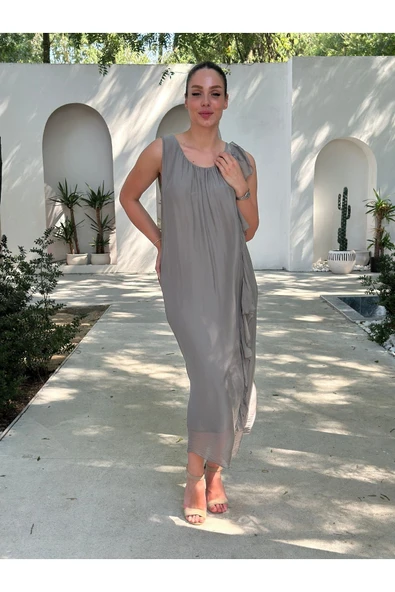 YAZLIK İPEK KUMAŞ SIFIR KOL ELBİSE - 6