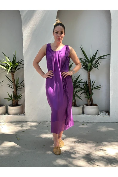 YAZLIK İPEK KUMAŞ SIFIR KOL ELBİSE - 11
