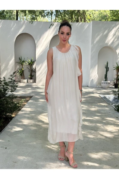 YAZLIK İPEK KUMAŞ SIFIR KOL ELBİSE - 3