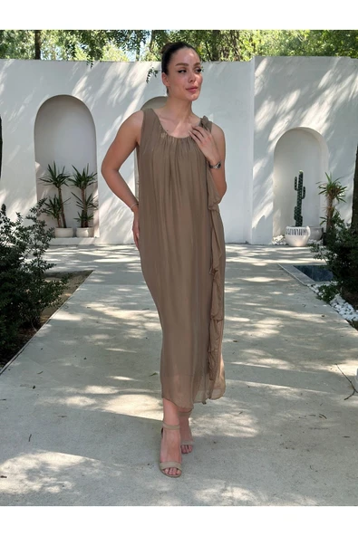 YAZLIK İPEK KUMAŞ SIFIR KOL ELBİSE - 7