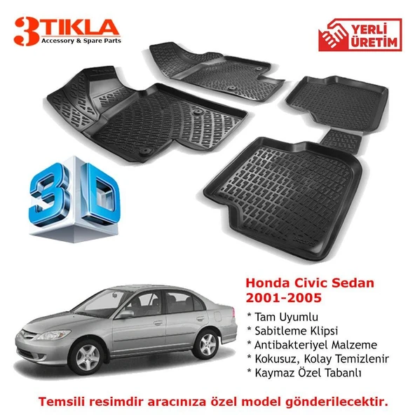 Honda Civic Sedan 2001-2005 Premium 3D Havuzlu Paspas Seti ürün görseli