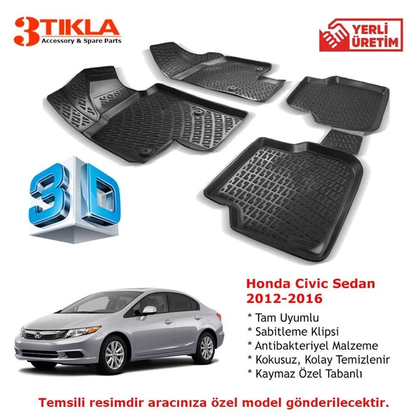 Honda Civic Sedan 2012-2016 Premium 3D Havuzlu Paspas Seti ürün görseli