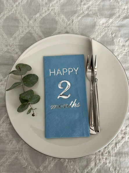 Gümüş Yaldızlı Mavi Happy 2 Yaş Months Garson Katlama Peçete 16 Adet - 1