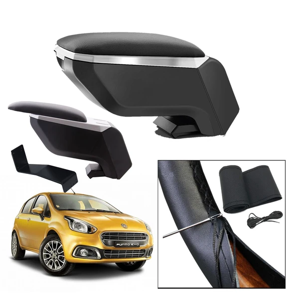 Lüks Set Fiat Punto Evo 2014 Delmesiz Çelik Ayaklı Gri-Siyah Kolçak Kol Dayama, Direksiyon Kılıfı ürün görseli