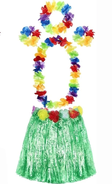 Yetişkin Ve Çocuk Uyumlu Luau Aloha Hawaii Yeşil Etek Ve Renkli Kolye Taç 2 Adet Bileklik Seti ürün görseli 1