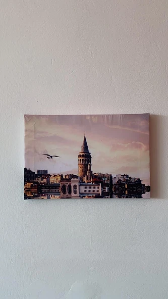 Galata Kulesi Manzaralı Natürel Tasarım Ahşap Çerçeve Ev İşyeri Ofis Duvar Kanvas Tablo SHR1 - 5