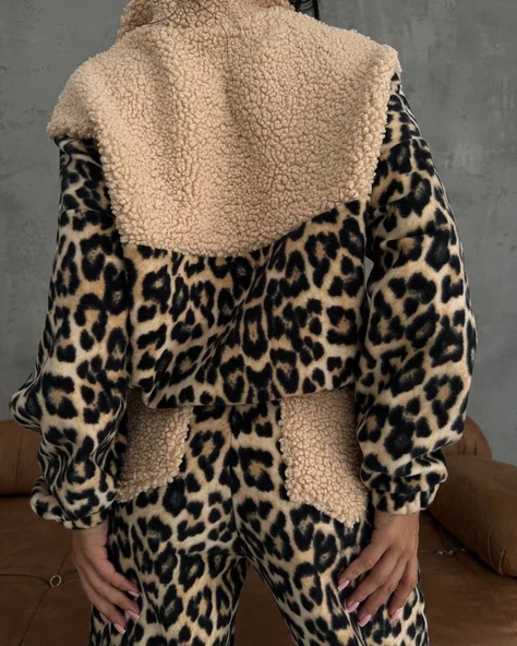 Kadın 3 Iplik Kumaş Leopar Desenli Ikili Takım - Resim 3
