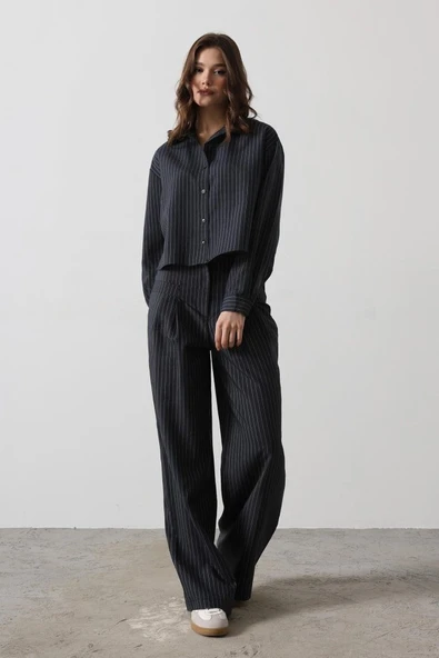 Çizgili Gömlek Pantolon Takım - Lacivert - 3