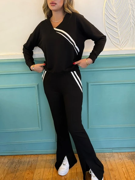 Kadın Ribana Detay Bluz Ve Ispanyol Paça Yırtmaçlı Pantolon Ikili Takım - Resim 2