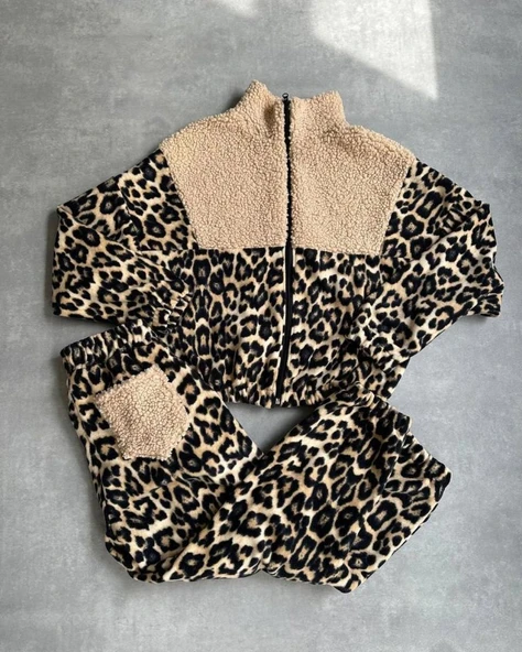 Kadın 3 Iplik Kumaş Leopar Desenli Ikili Takım - Resim 2
