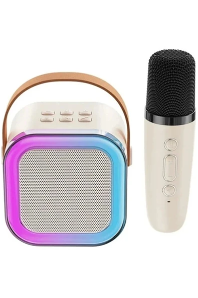 Karaoke Kablosuz Hoparlör Mikrofonlu Rgb Işıklı Bluetooth Speaker Tf Kart/usb Beyaz - Resim 2