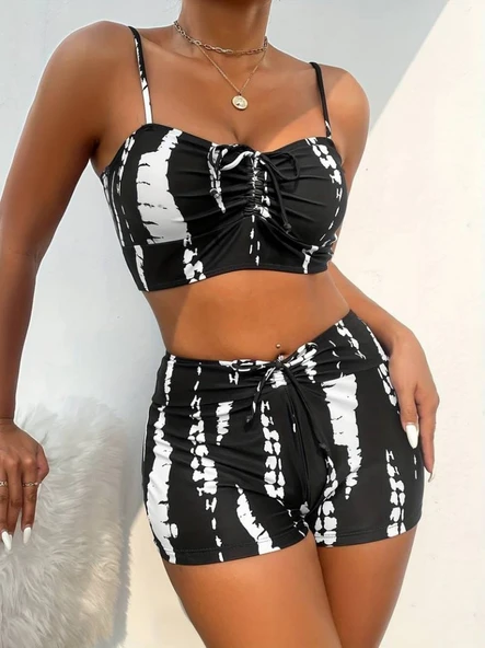 Kadın Büzgü Detay Askılı Crop Mini Tayt Ikili Takım - 1