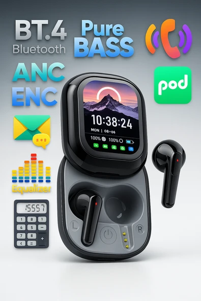 QASUL Kişiselleştirilebilir LED Ekran Renkli Dokunmatik Ekranlı Kablosuz Bluetooth Kulaklıkv ürün görseli 1