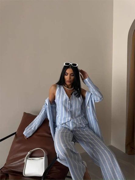 ÇİZGİLİ CEKET KETEN - Mavi - Resim 3