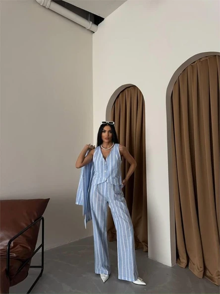 ÇİZGİLİ CEKET KETEN - Mavi - Resim 4