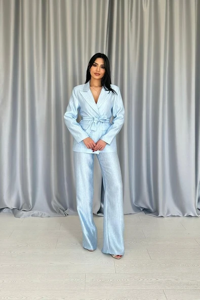 Mavi Beli Kuşaklı Ceket Ve Pantolon Parlak Takım - Resim 2