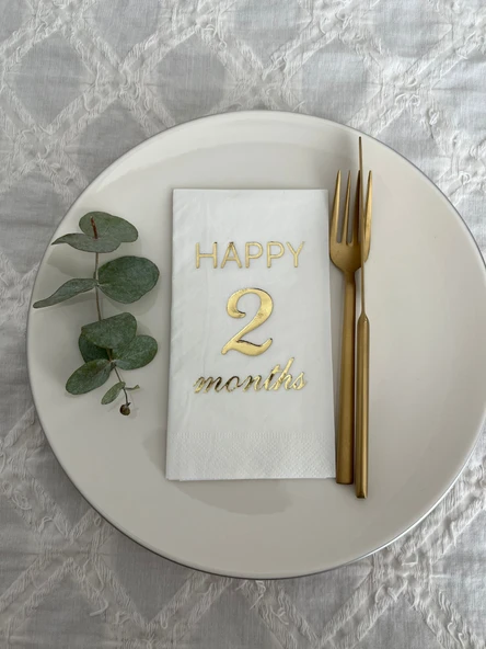 Gold Yaldızlı Beyaz Happy 2 Yaş Months Garson Katlama Peçete 16 Adet - 1