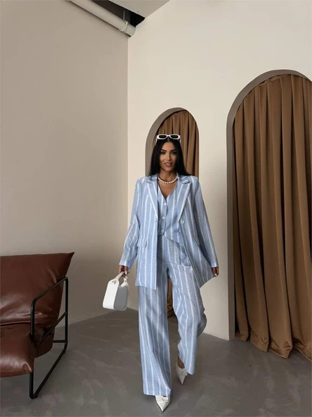 ÇİZGİLİ CEKET KETEN - Mavi - Resim 2