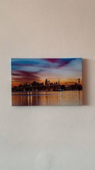 Günbatımı Şehir Ve Köprü Manzaralı Natürel Tasarım Ahşap Çerçeve Ev İşyeri Duvar Kanvas Tablo SHR2 - Resim 5