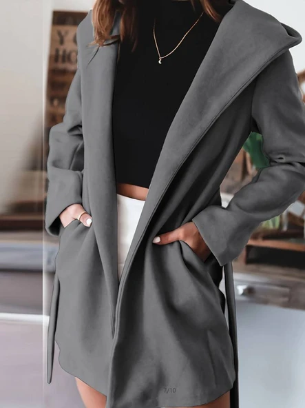 Kadın Uzun Kollu Belden Kuşaklı Kapşonlu Kısa Kaşe Kaban ürün görseli