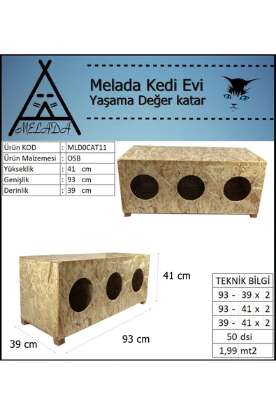 MELADA Kedi Evi Dış Ortam Uygun 3'lü Ahşap Kedi Evi OSB 93x41x39 cm - 4