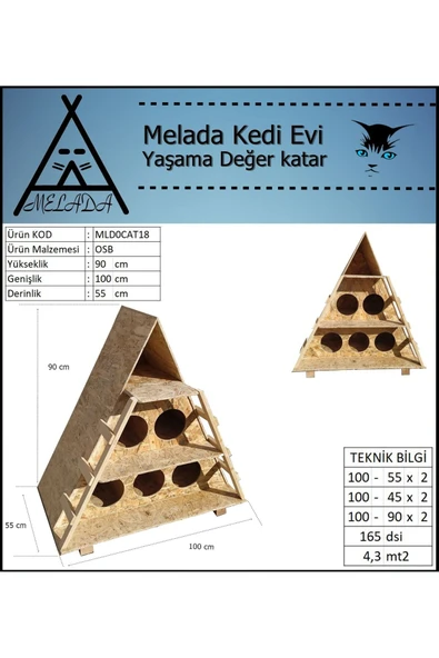 MELADA Kedi Evi Dış Ortam Uygun Ahşap Kedi Evi OSB 100x90x55 cm - 3