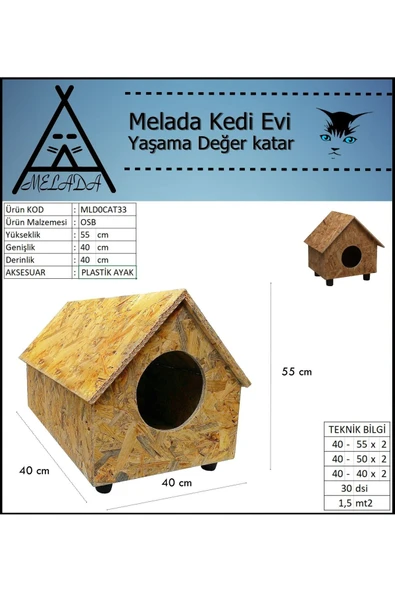 MELADA Kedi Evi Dış Ortam Uygun Ahşap Kedi Evi OSB 55x40x40 cm - 4