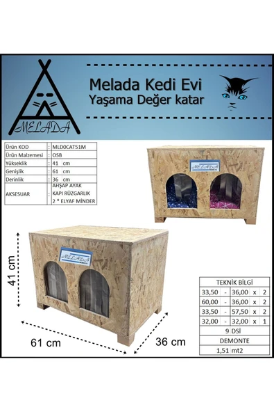 MELADA Kedi Evi Dış Ortam Uygun Ahşap Kedi Evi Double OSB Minderli 61x41x36 cm - 4