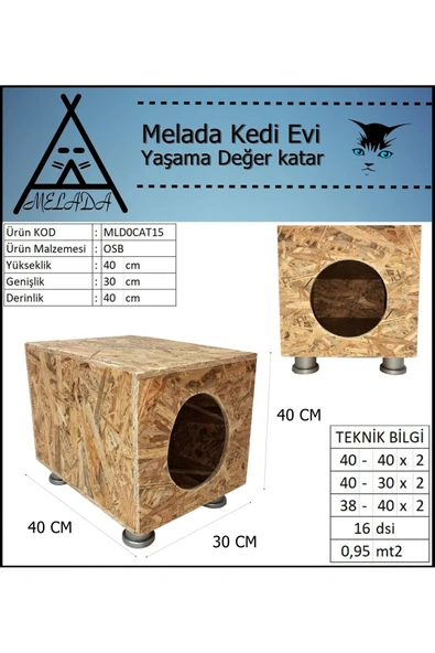 MELADA Kedi Evi Dış Ortam Uygun Ahşap Kedi Evi OSB Plastik Ayak 40x40x30 cm - 5