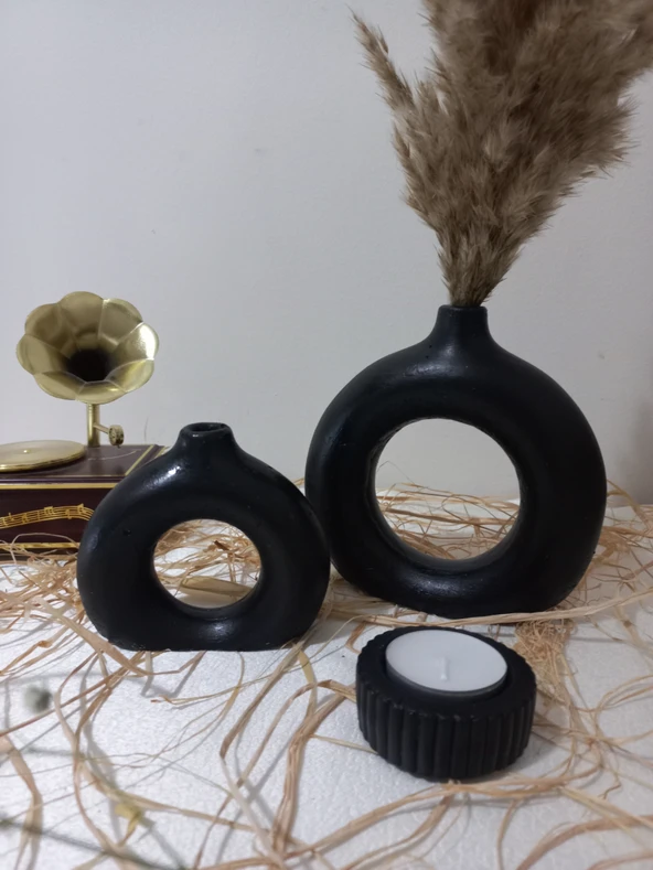 İKİLİ DONUT VAZO MUMLUK SİYAH - Resim 2
