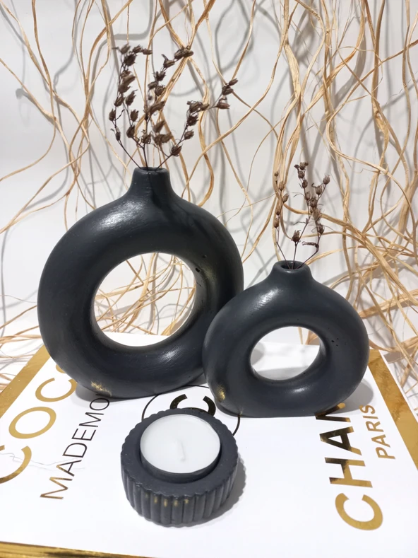 İKİLİ DONUT VAZO MUMLUK SET RANDOM - Resim 4