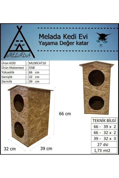 MELADA Kedi Evi Dış Ortam Uygun Ahşap Kedi Evi Dublex OSB 66x39x32 cm - 5