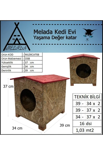 MELADA Kedi Evi Dış Ortam Uygun Ahşap Kedi Evi OSB 39x37x34 cm - 5
