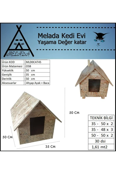 MELADA Kedi Evi Dış Ortam Uygun Ahşap Kedi Evi OSB 50x50x35 cm - 5