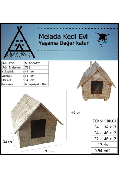 MELADA Kedi Evi Dış Ortam Uygun Ahşap Kedi Evi OSB 46x34x34 cm - 5
