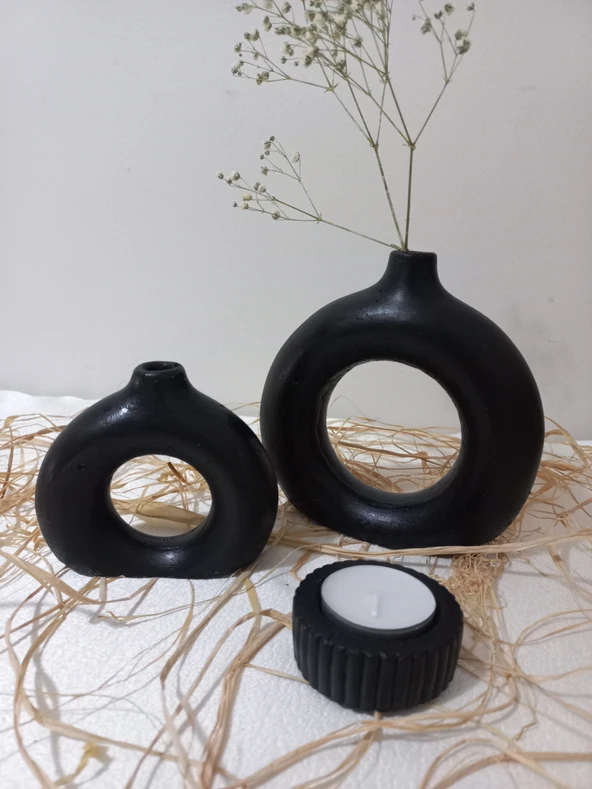 İKİLİ DONUT VAZO MUMLUK SİYAH - Resim 4