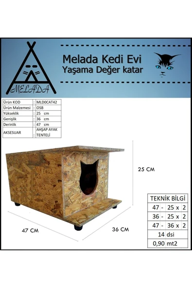 MELADA Kedi Evi Dış Ortam Uygun Ahşap Kedi Evi OSB 47x36x25 cm - 3