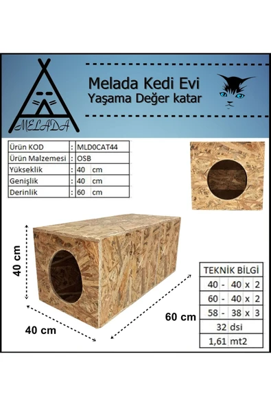 MELADA Kedi Evi Dış Ortam Uygun Ahşap Kedi Evi OSB 60x40x40 cm - 4