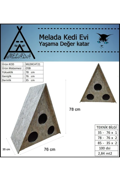 MELADA Kedi Evi Dış Ortam Uygun Ahşap Kedi Evi OSB 78x76x35 cm - 3